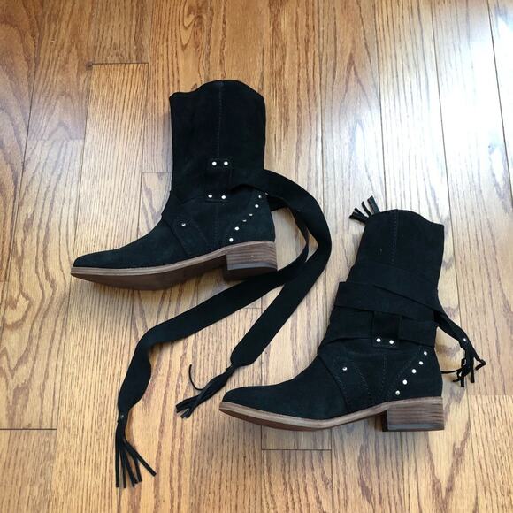 SEE BY CHLOE Studded Dasha Tassle Suede Boots Black Fringe Women’s Size 6 NWOB - Picture 12 of 14